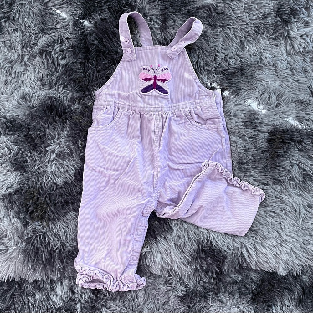 lavender little girls butterfly ruffle corduroy overalls